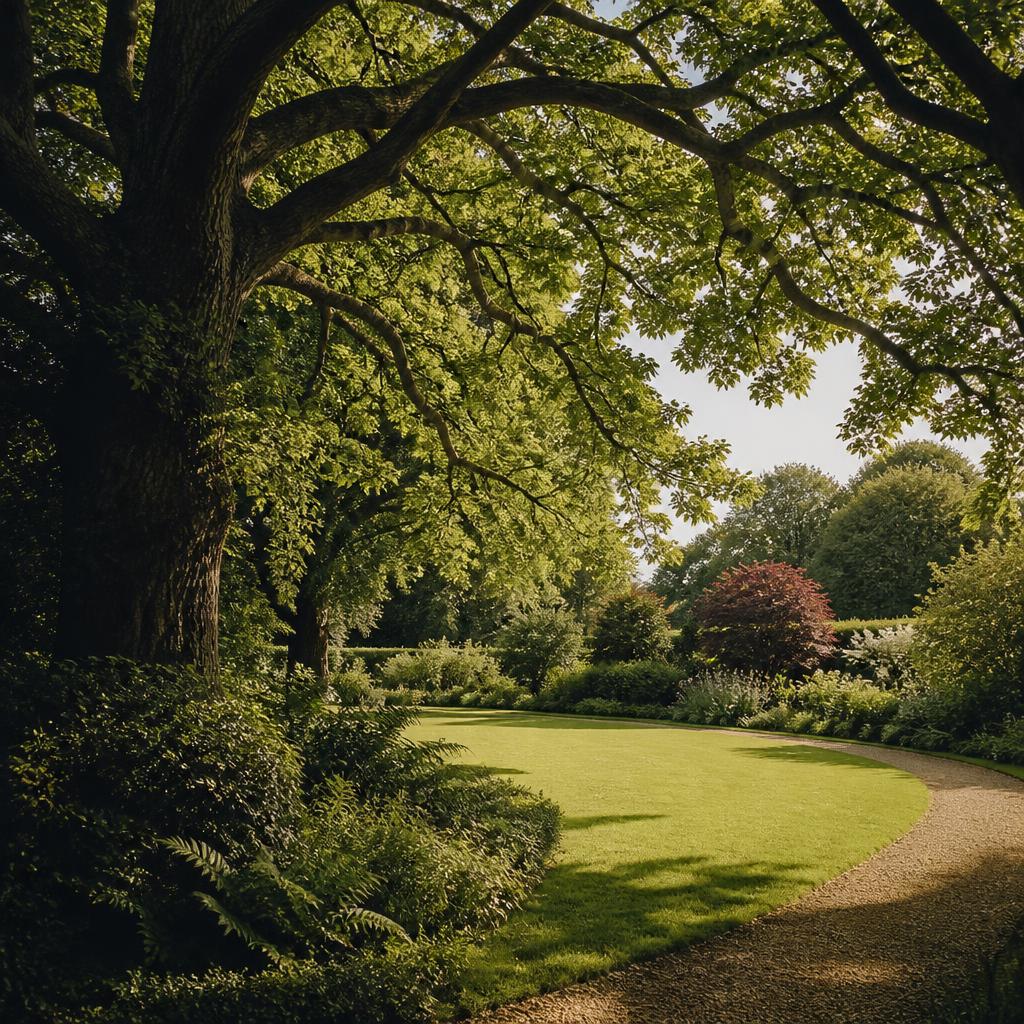 Mature garden with lawn and tree