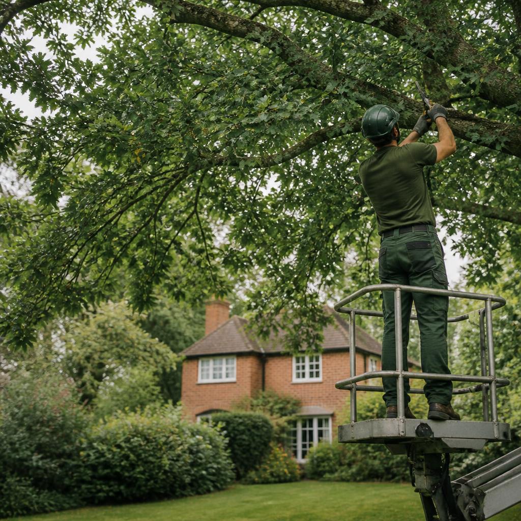 Tree care taking place in a leafy residential garden